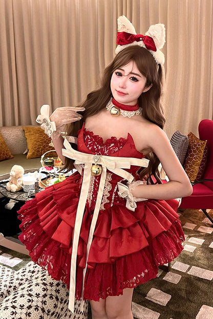 Gothic Lolita Dress - Holiday Lovers, Red, Lace-Up, Sweet Style, Ballet-Inspired Style - main product image