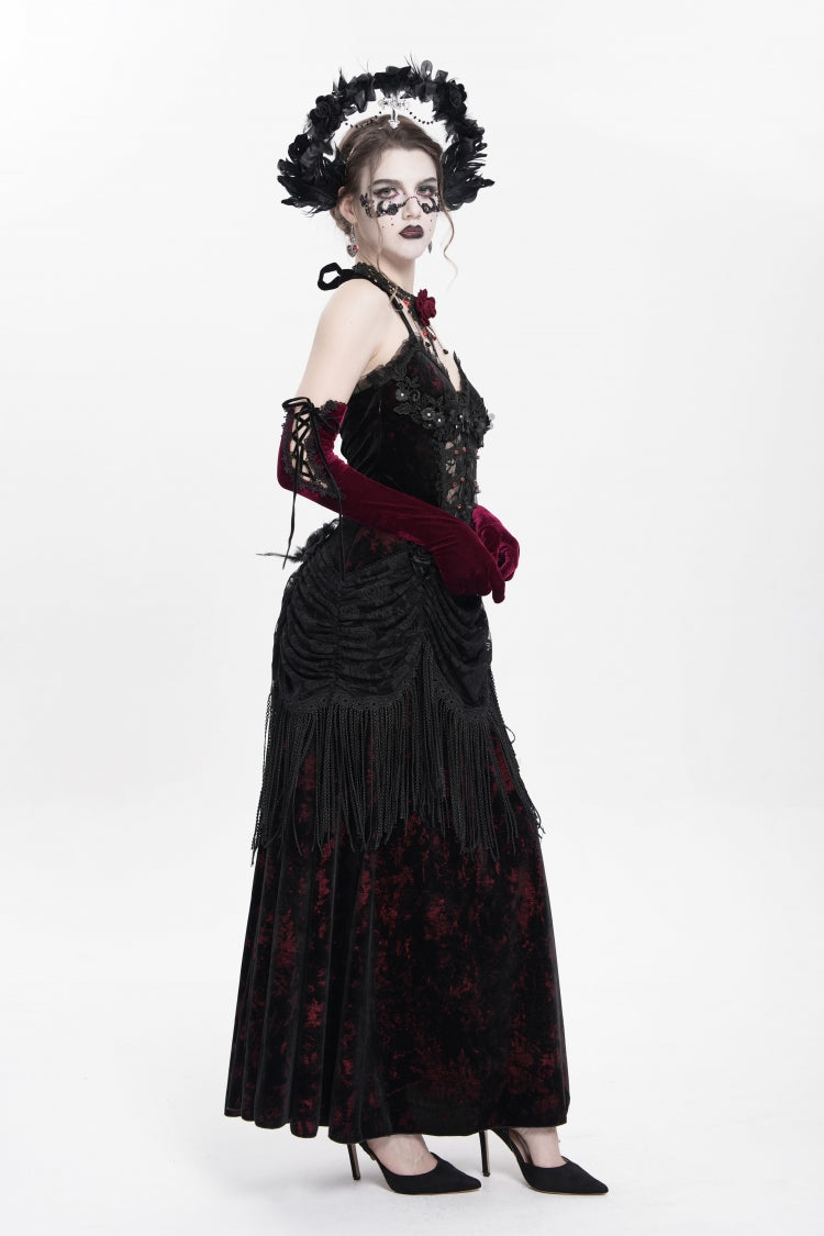 Gothic Lolita Dress - Hollow Floral Embroidery Lace-up, Red, Pleated, Women's Style - additional product view 3