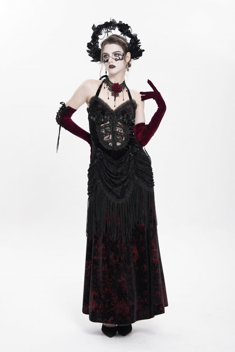 Gothic Lolita Dress - Hollow Floral Embroidery Lace-up, Red, Pleated, Women's Style - additional product view 4