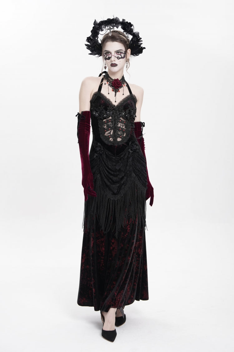Gothic Lolita Dress - Hollow Floral Embroidery Lace-up, Red, Pleated, Women's Style - additional product view 5