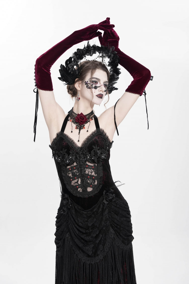 Gothic Lolita Dress - Hollow Floral Embroidery Lace-up, Red, Pleated, Women's Style - additional product view 6
