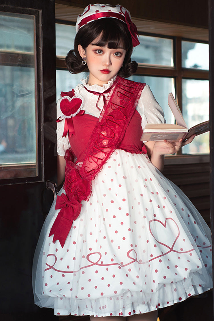Gothic Lolita Dress - Hollow Love Polka Dot Print, Red, Sweet Style, Printed - additional product view 2
