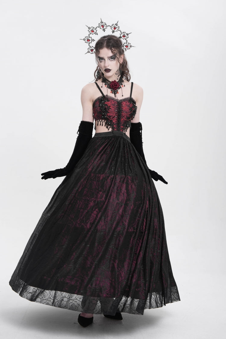 Gothic Lolita Dress - Jacquard Floral, Red, Women's Style, Embroidered, Lace Trim - additional product view 4