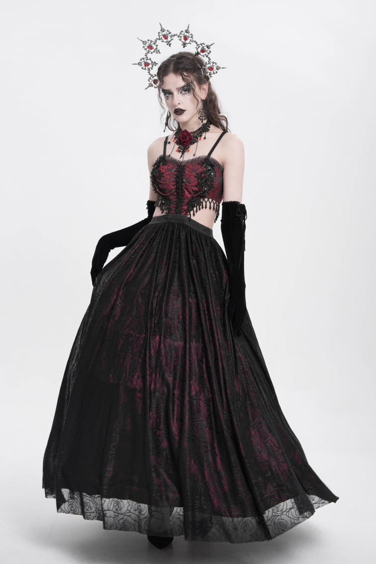 Gothic Lolita Dress - Jacquard Floral, Red, Women's Style, Embroidered, Lace Trim - additional product view 6