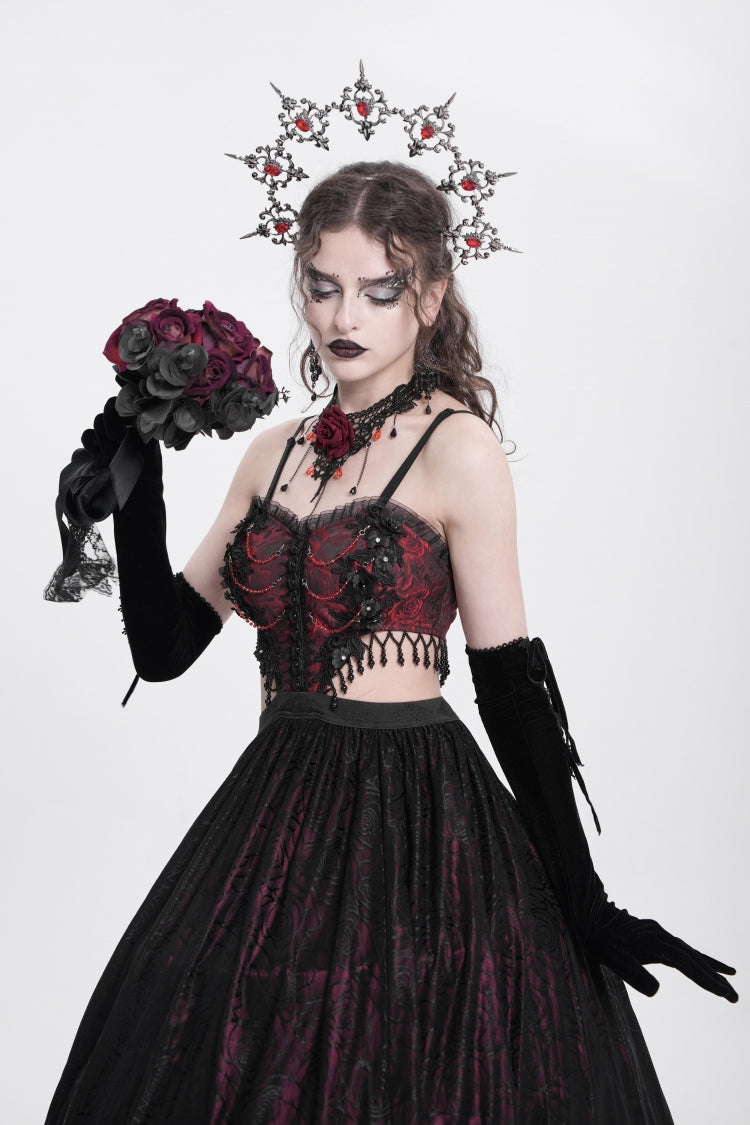 Gothic Lolita Dress - Jacquard Floral, Red, Women's Style, Embroidered, Lace Trim - additional product view 12