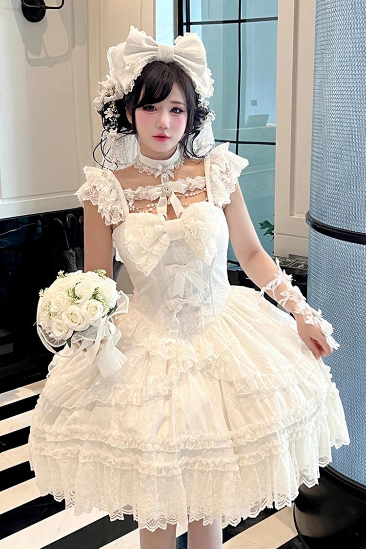 Gothic Lolita Dress - Jewelry Love Story, White, Halterneck, Bow Detail, Lace Trim - additional product view 3