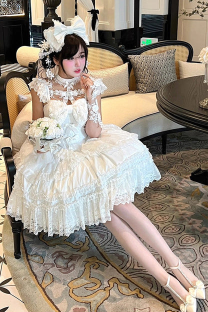 Gothic Lolita Dress - Jewelry Love Story, White, Halterneck, Bow Detail, Lace Trim - additional product view 5