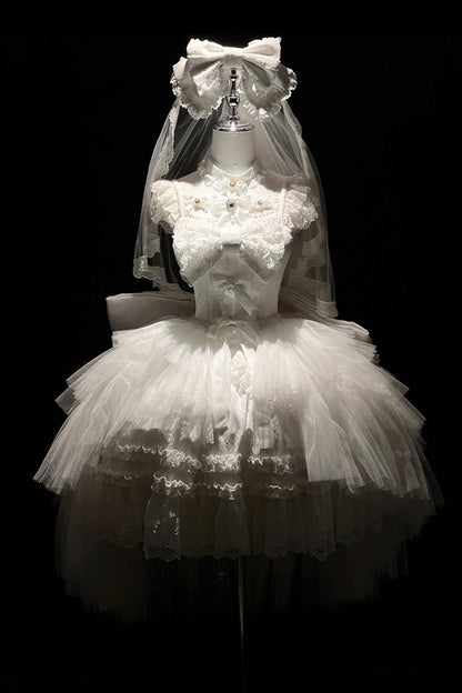 Gothic Lolita Dress - Jewelry Love Story, White, Halterneck, Bow Detail, Lace Trim - additional product view 7