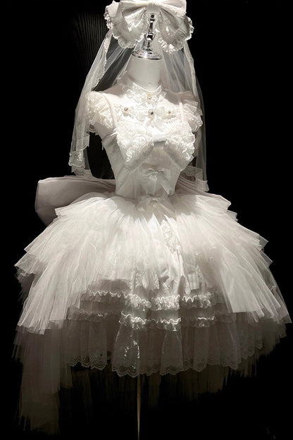 Gothic Lolita Dress - Jewelry Love Story, White, Halterneck, Bow Detail, Lace Trim - additional product view 8