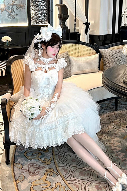 Gothic Lolita Dress - Jewelry Love Story, White, Halterneck, Bow Detail, Lace Trim - additional product view 10