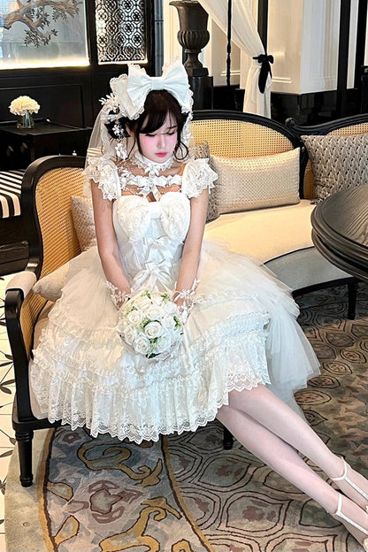 Gothic Lolita Dress - Jewelry Love Story, White, Halterneck, Bow Detail, Lace Trim - additional product view 11