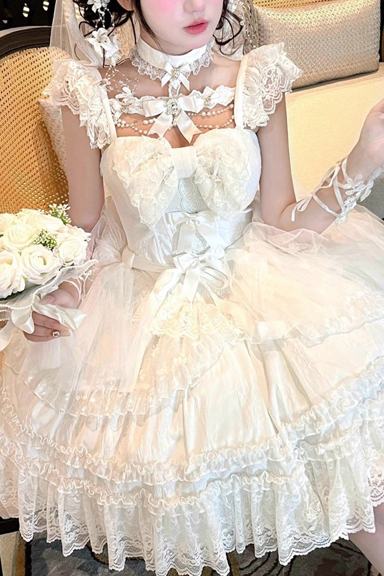 Gothic Lolita Dress - Jewelry Love Story, White, Halterneck, Bow Detail, Lace Trim - additional product view 12