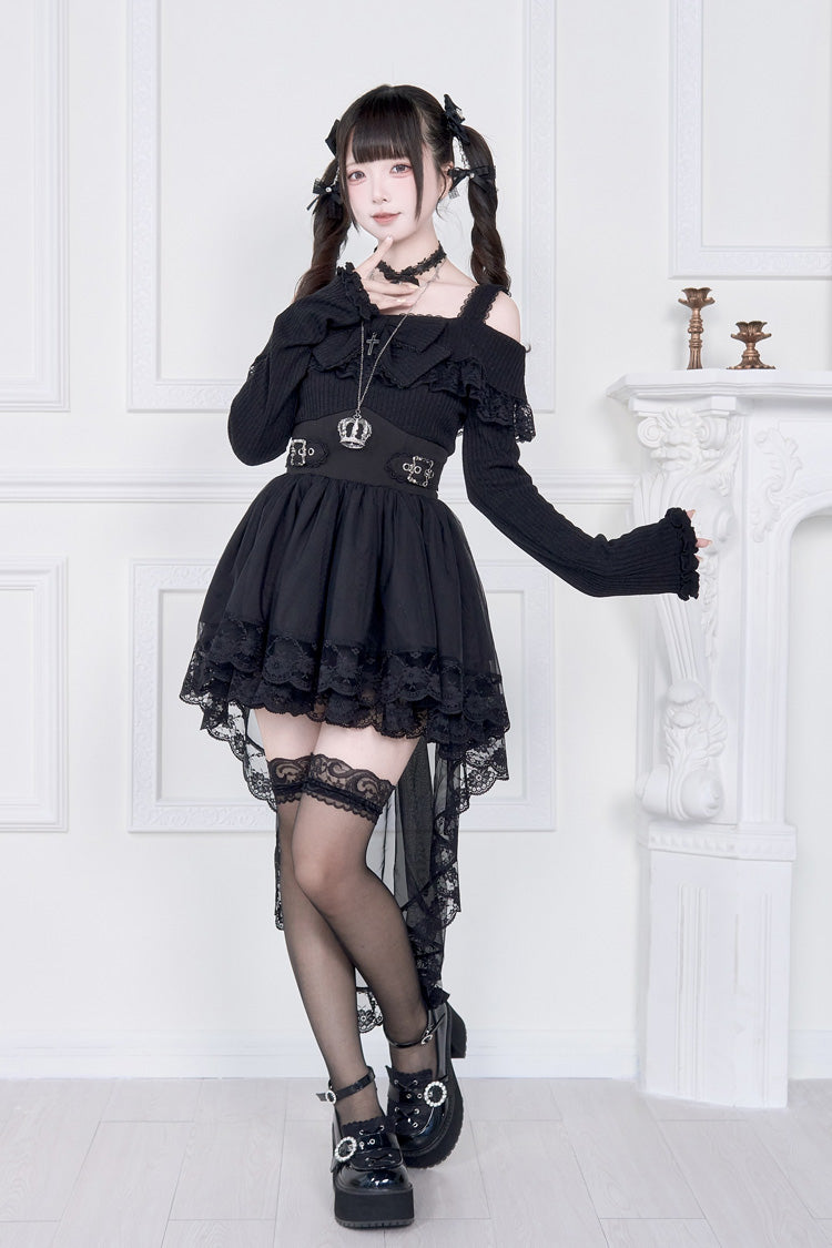 Gothic Lolita Dress - Jirai Kei Fake Two Pieces Off, 2 Colors, Long Sleeves, Bow Detail - additional product view 2