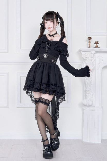 Gothic Lolita Dress - Jirai Kei Fake Two Pieces Off, 2 Colors, Long Sleeves, Bow Detail - additional product view 2