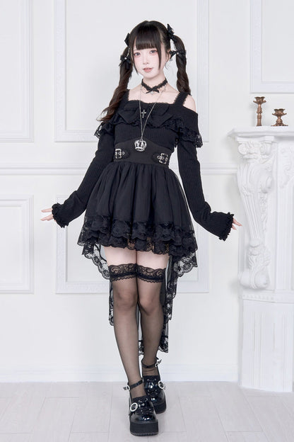 Gothic Lolita Dress - Jirai Kei Fake Two Pieces Off, 2 Colors, Long Sleeves, Bow Detail - additional product view 3