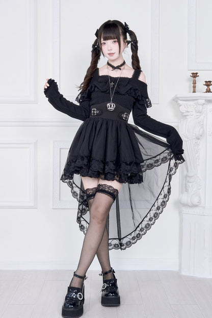 Gothic Lolita Dress - Jirai Kei Fake Two Pieces Off, 2 Colors, Long Sleeves, Bow Detail - additional product view 5