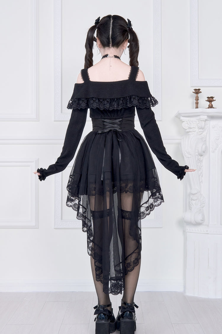 Gothic Lolita Dress - Jirai Kei Fake Two Pieces Off, 2 Colors, Long Sleeves, Bow Detail - additional product view 6