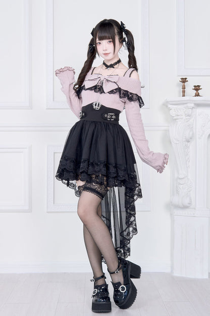 Gothic Lolita Dress - Jirai Kei Fake Two Pieces Off, 2 Colors, Long Sleeves, Bow Detail - additional product view 7