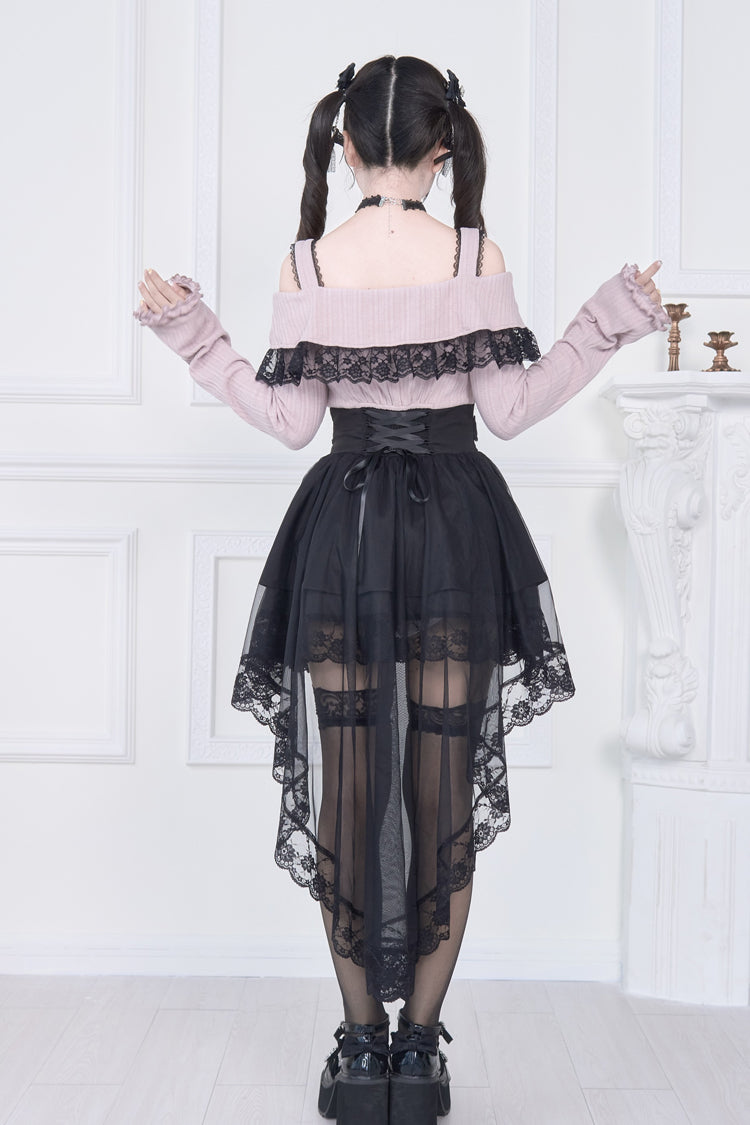 Gothic Lolita Dress - Jirai Kei Fake Two Pieces Off, 2 Colors, Long Sleeves, Bow Detail - additional product view 9
