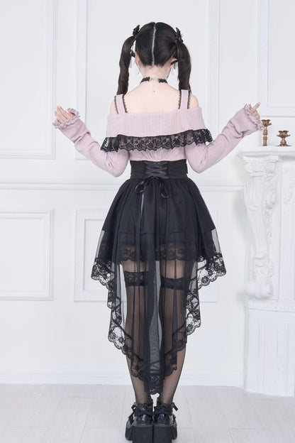 Gothic Lolita Dress - Jirai Kei Fake Two Pieces Off, 2 Colors, Long Sleeves, Bow Detail - additional product view 9