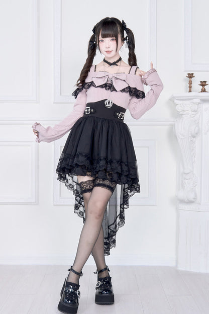 Gothic Lolita Dress - Jirai Kei Fake Two Pieces Off, 2 Colors, Long Sleeves, Bow Detail - additional product view 10