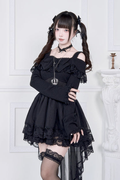 Gothic Lolita Dress - Jirai Kei Fake Two Pieces Off, 2 Colors, Long Sleeves, Bow Detail - main product image