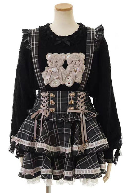 Gothic Lolita Dress - Jirai Kei High Waisted, 3 Colors, High Waist, Layered, Lace-Up - S Black-Large-Plaid / M Black-Large-Plaid / L Black-Large-Plaid option