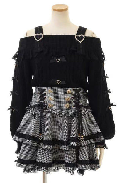 Gothic Lolita Dress - Jirai Kei High Waisted, 3 Colors, High Waist, Layered, Lace-Up - S Black-Small-Plaid / M Black-Small-Plaid / L Black-Small-Plaid option