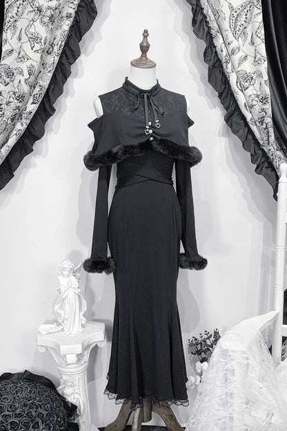 Gothic Lolita Dress - Jirai Kei Stand Collar Off, 2 Colors, Fishtail Silhouette - additional product view 3