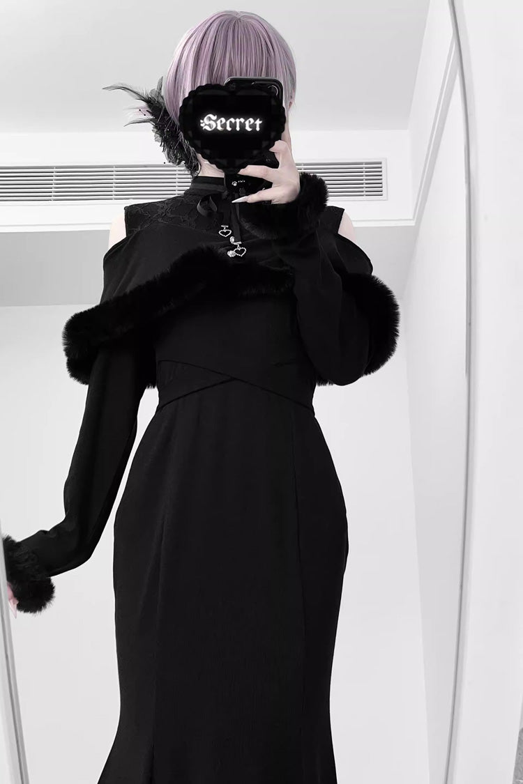 Gothic Lolita Dress - Jirai Kei Stand Collar Off, 2 Colors, Fishtail Silhouette - additional product view 7
