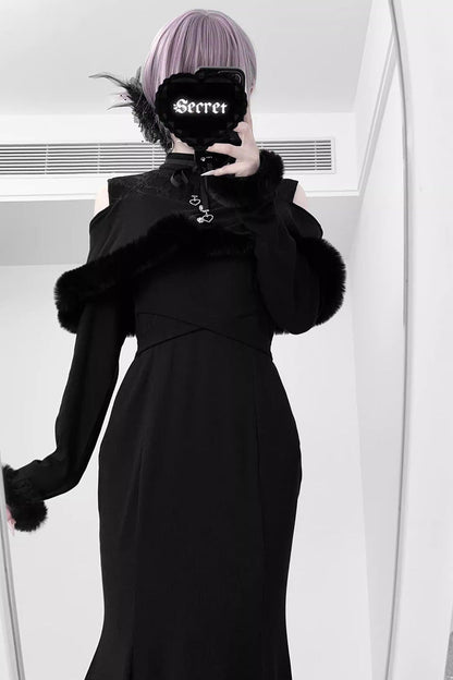 Gothic Lolita Dress - Jirai Kei Stand Collar Off, 2 Colors, Fishtail Silhouette - additional product view 7
