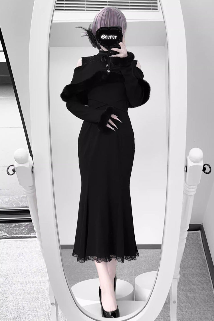 Gothic Lolita Dress - Jirai Kei Stand Collar Off, 2 Colors, Fishtail Silhouette - additional product view 8