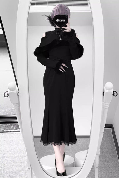 Gothic Lolita Dress - Jirai Kei Stand Collar Off, 2 Colors, Fishtail Silhouette - additional product view 8