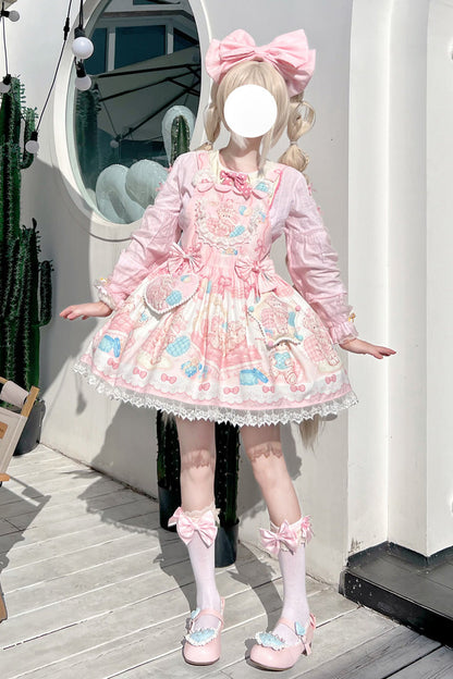 Gothic Lolita Dress - Kawaii Bears Print Pink, Pink, Lace Trim, Printed, Sweet Style - main product image