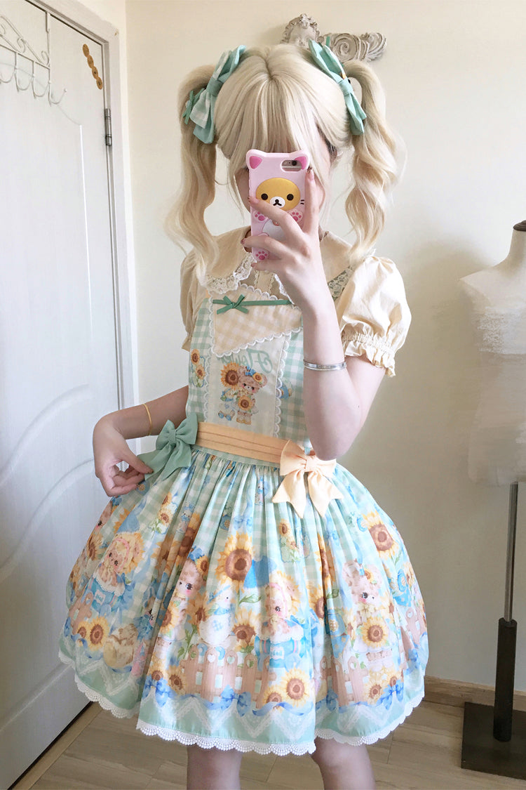 Gothic Lolita Dress - Kawaii Bears Sunflower Print, Multi-Color, Bow Detail, Printed - additional product view 2