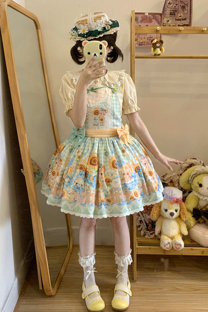 Gothic Lolita Dress - Kawaii Bears Sunflower Print, Multi-Color, Bow Detail, Printed - additional product view 3