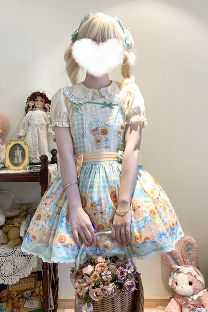 Gothic Lolita Dress - Kawaii Bears Sunflower Print, Multi-Color, Bow Detail, Printed - additional product view 4