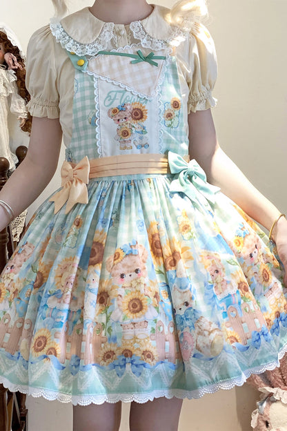 Gothic Lolita Dress - Kawaii Bears Sunflower Print, Multi-Color, Bow Detail, Printed - additional product view 5