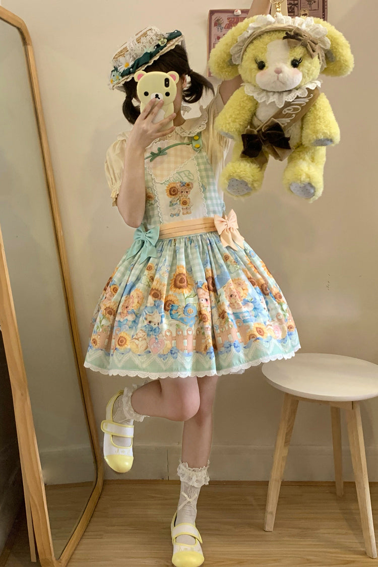 Gothic Lolita Dress - Kawaii Bears Sunflower Print, Multi-Color, Bow Detail, Printed - main product image