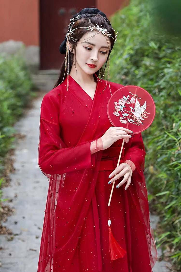 Gothic Lolita Dress - Lace Pearl-decorated Elegant, Red, Chinese-Inspired Style, Lace Trim - additional product view 2