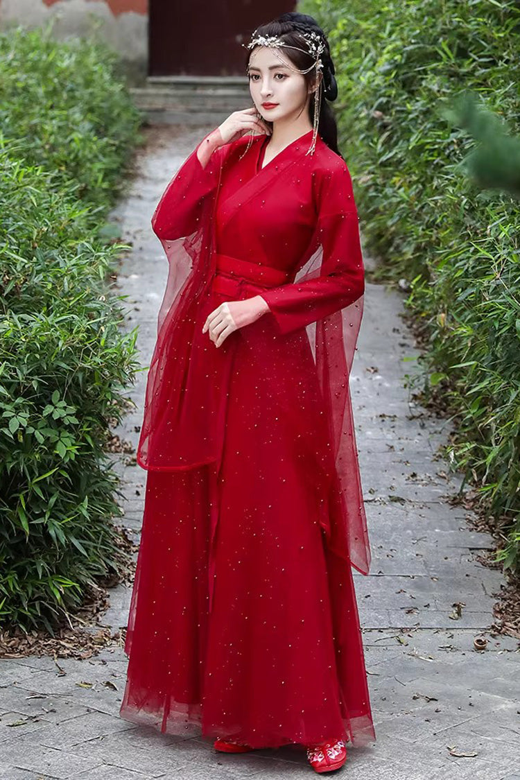 Gothic Lolita Dress - Lace Pearl-decorated Elegant, Red, Chinese-Inspired Style, Lace Trim - additional product view 3