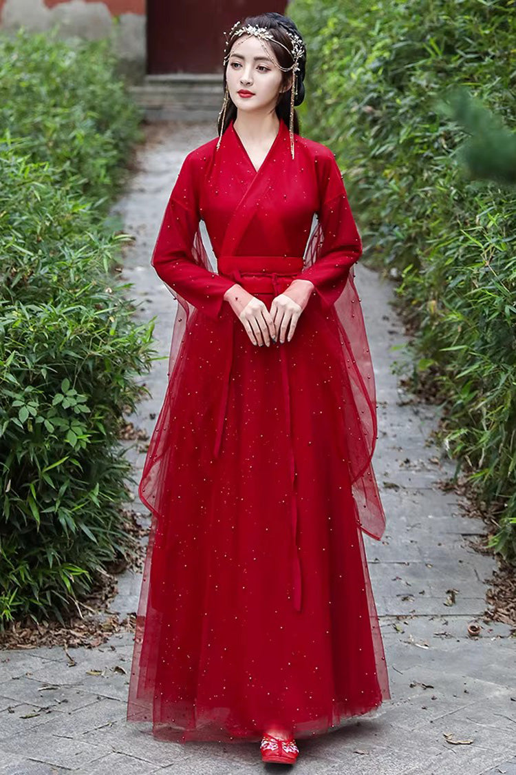 Gothic Lolita Dress - Lace Pearl-decorated Elegant, Red, Chinese-Inspired Style, Lace Trim - main product image
