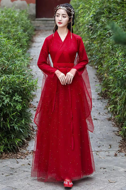 Gothic Lolita Dress - Lace Pearl-decorated Elegant, Red, Chinese-Inspired Style, Lace Trim - main product image