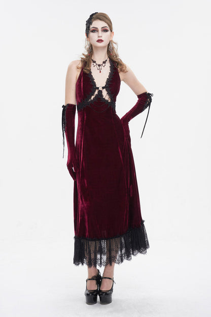 Gothic Lolita Dress - Lace Up Lace Hem, Red, Long Length, Women's Style, Halterneck - additional product view 2