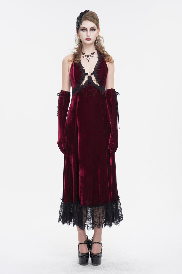 Gothic Lolita Dress - Lace Up Lace Hem, Red, Long Length, Women's Style, Halterneck - additional product view 3