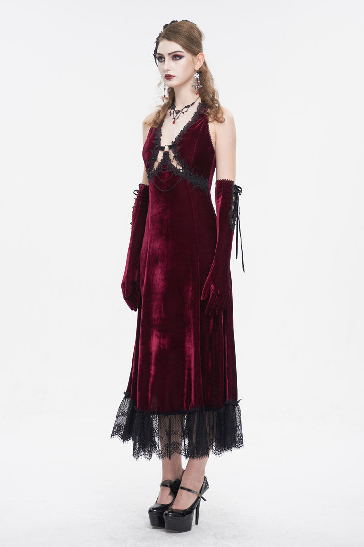 Gothic Lolita Dress - Lace Up Lace Hem, Red, Long Length, Women's Style, Halterneck - additional product view 4