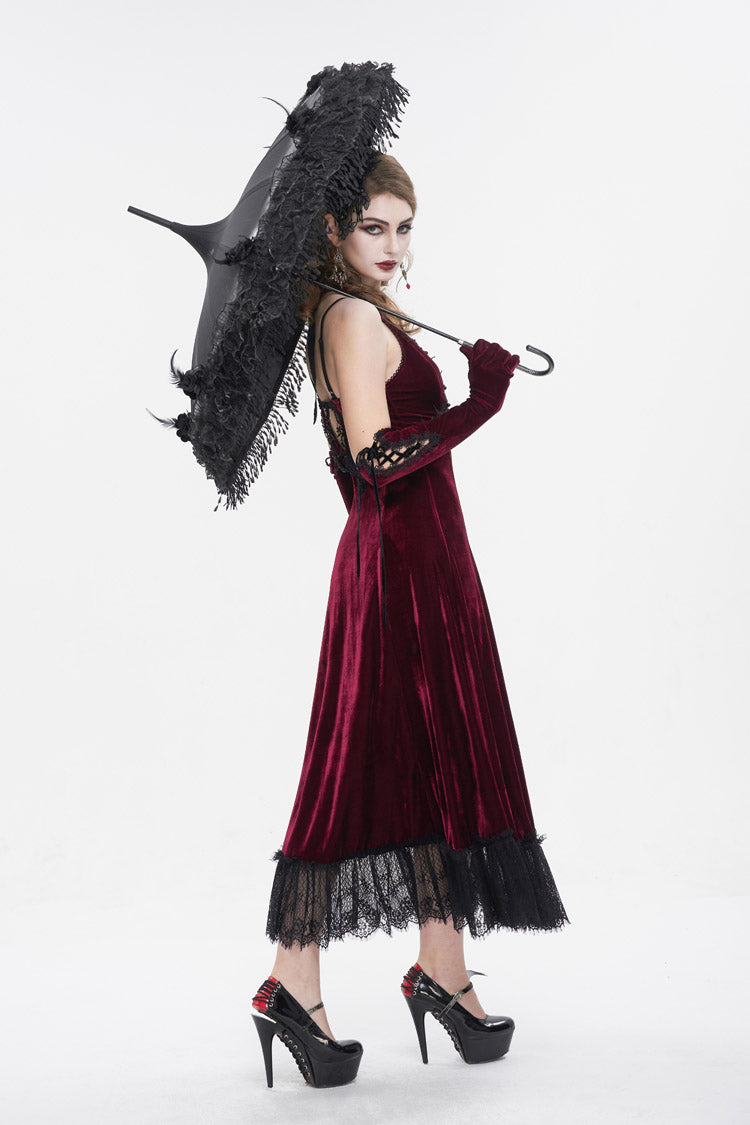 Gothic Lolita Dress - Lace Up Lace Hem, Red, Long Length, Women's Style, Halterneck - additional product view 5
