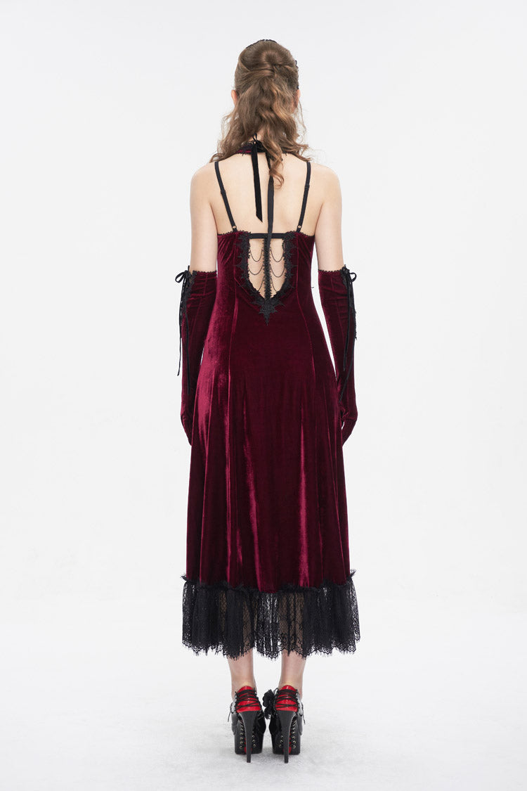 Gothic Lolita Dress - Lace Up Lace Hem, Red, Long Length, Women's Style, Halterneck - additional product view 6