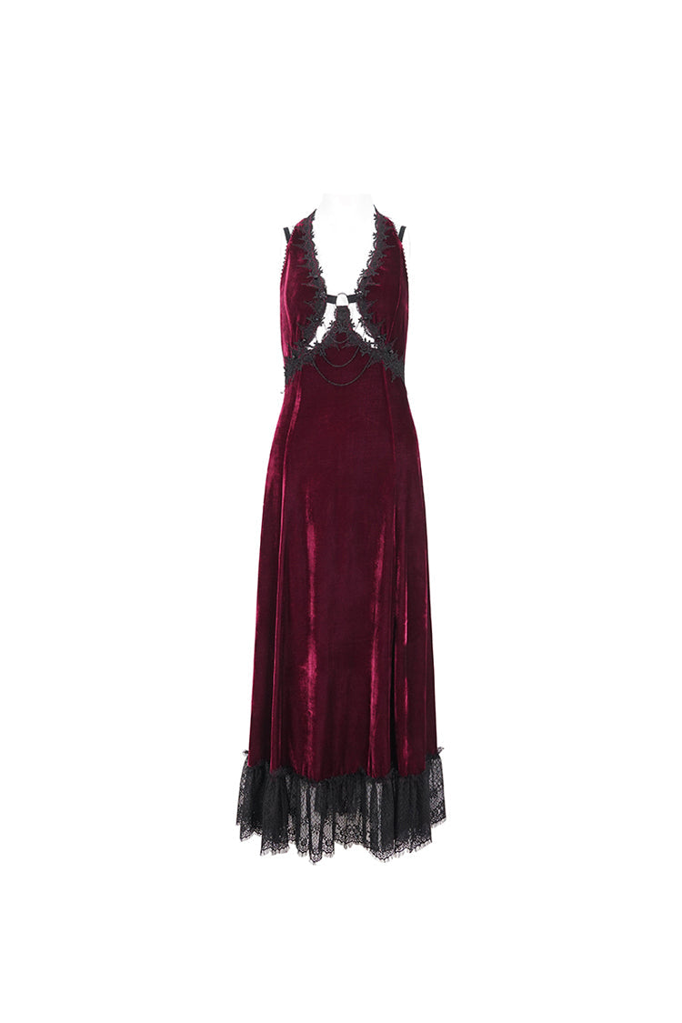 Gothic Lolita Dress - Lace Up Lace Hem, Red, Long Length, Women's Style, Halterneck - additional product view 7