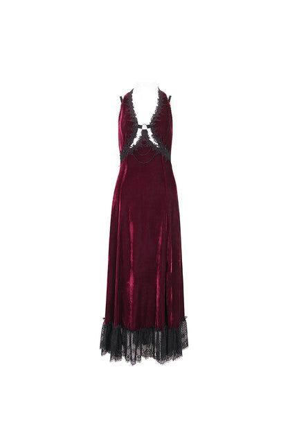 Gothic Lolita Dress - Lace Up Lace Hem, Red, Long Length, Women's Style, Halterneck - additional product view 7